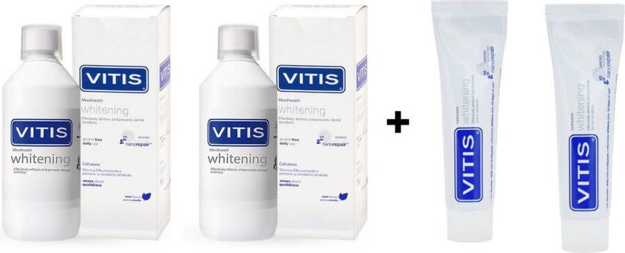 Vitis 2x Whitening Mondspoelmiddel + 2x Whitening Tandpasta Voordeelpakket