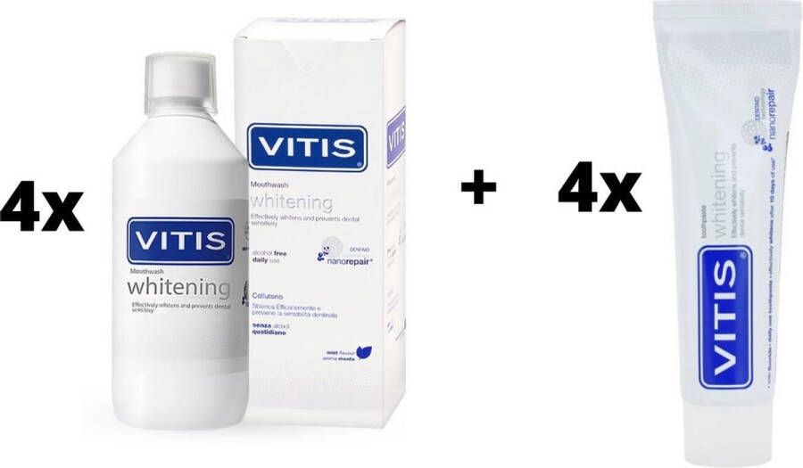 Vitis 4x Whitening Mondspoelmiddel + 4x Whitening Tandpasta Voordeelpakket