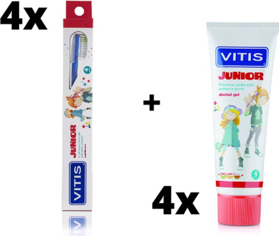 Vitis Junior Voordeelpakket 4x tandpasta + 4x tandenborstel