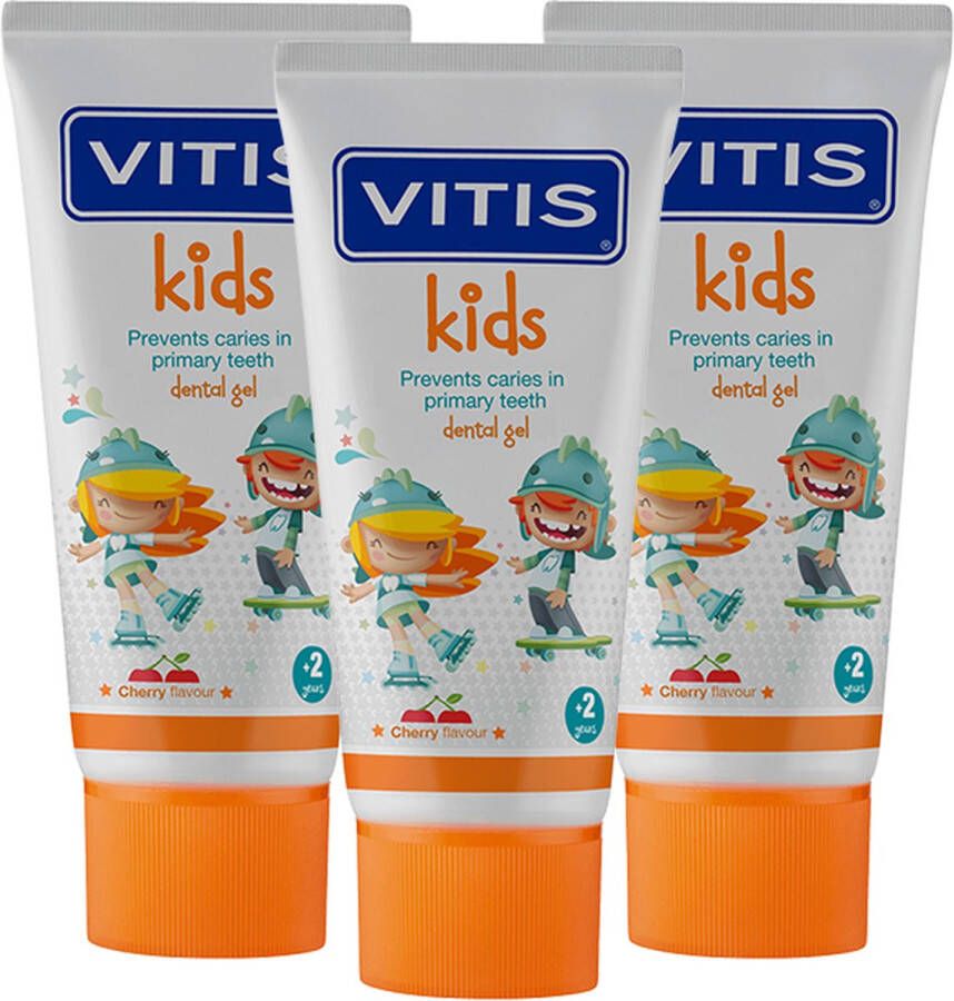 Vitis Kids Tandpasta & Gel 2+ jaar 3x50ml Kersen smaak Voordeelverpakking