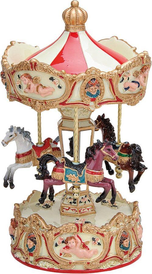 Viv! Christmas Kerst Muziekdoos Draaimolen met Paarden roze rood wit 25 cm