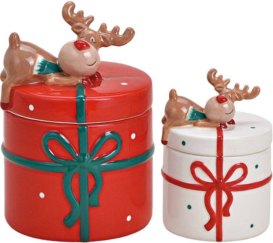 Viv! Home Luxuries Viv! Christmas Kerstservies Grote en Kleine Koektrommel met Slapend Rendier set van 2 keramiek rood wit groen 20 en 14cm