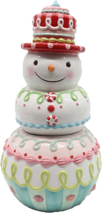 Viv! Christmas Kerstservies Kerst Koektrommel Sneeuwpop keramiek pastel roze wit 36cm je