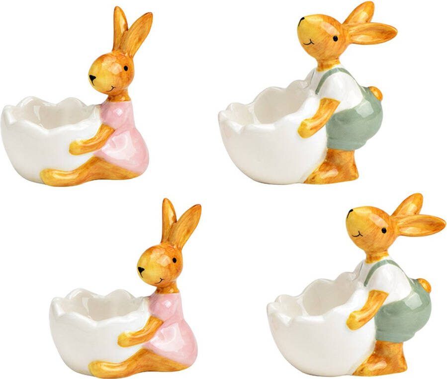 Viv! Christmas Paasdecoratie Eierdop met Paashaas van Keramiek set van 4 pasen roze groen 9cm