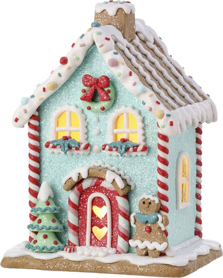 Viv! Christmas Kerstbeeld Gingerbread Huis incl. LED Verlichting pastel blauw 22cm