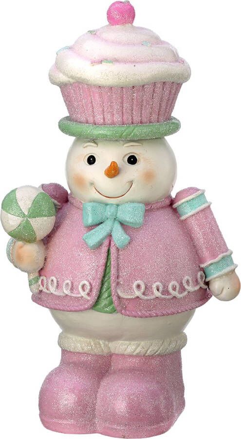 Viv! Christmas Kerstbeeld Sneeuwpop Notenkraker met Cupcake Hoed pastel roze 31cm