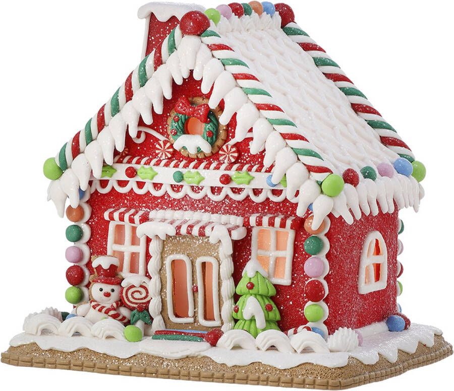 Viv! Christmas Kerstbeeld Snoep Gingerbread Huis met Sneeuwpop incl. LED Verlichting rood wit 23cm
