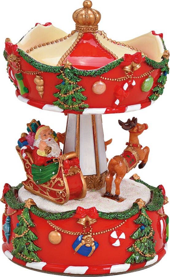 Viv! Home Luxuries Viv! Christmas Kerst Muziekdoos Draaimolen met Kerstman in slee en rendieren rood wit groen 17 cm