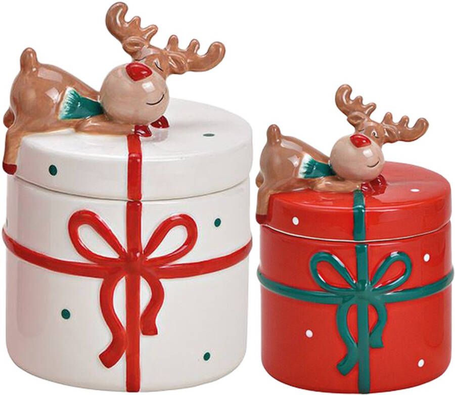 Viv! Home Luxuries Viv! Christmas Kerstservies Grote en Kleine Koektrommel met Slapend Rendier set van 2 keramiek wit rood groen 20 en 14cm