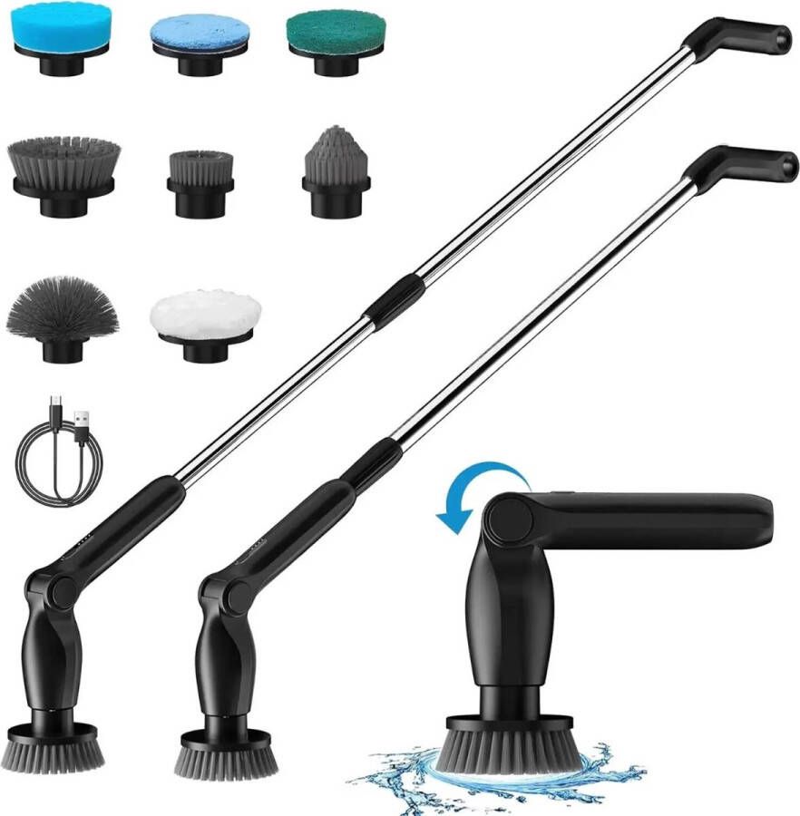 VivaHome Spin-Scrubber Reinigingstool 8 in 1 Verstelbare Handgreep 8 Opzetborstels Elektrisch Badkamer & Keuken Turbo Scrub