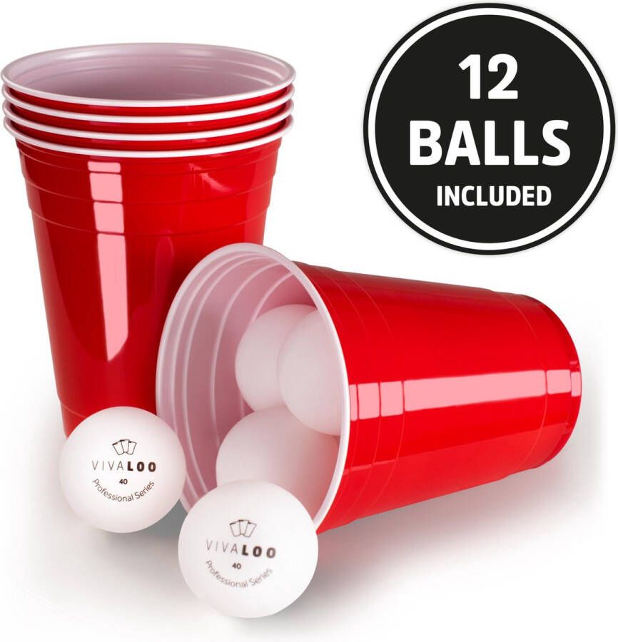 Vivaloo Bierspel – Drankspel Set van 100 Plastic Bekers en 12 Beer Pong Ballen – Feest Wegwerpbekers – Rood 455 ml