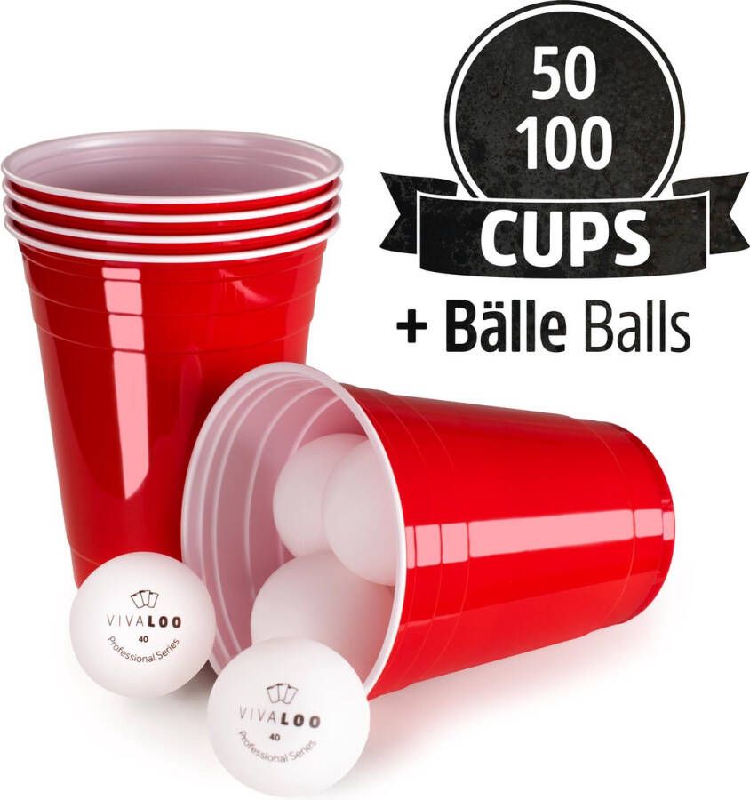 Vivaloo Bierspel – Drankspel Set van 50 Plastic Bekers en 6 Beer Pong Ballen – Feest Wegwerpbekers – Rood 455 ml