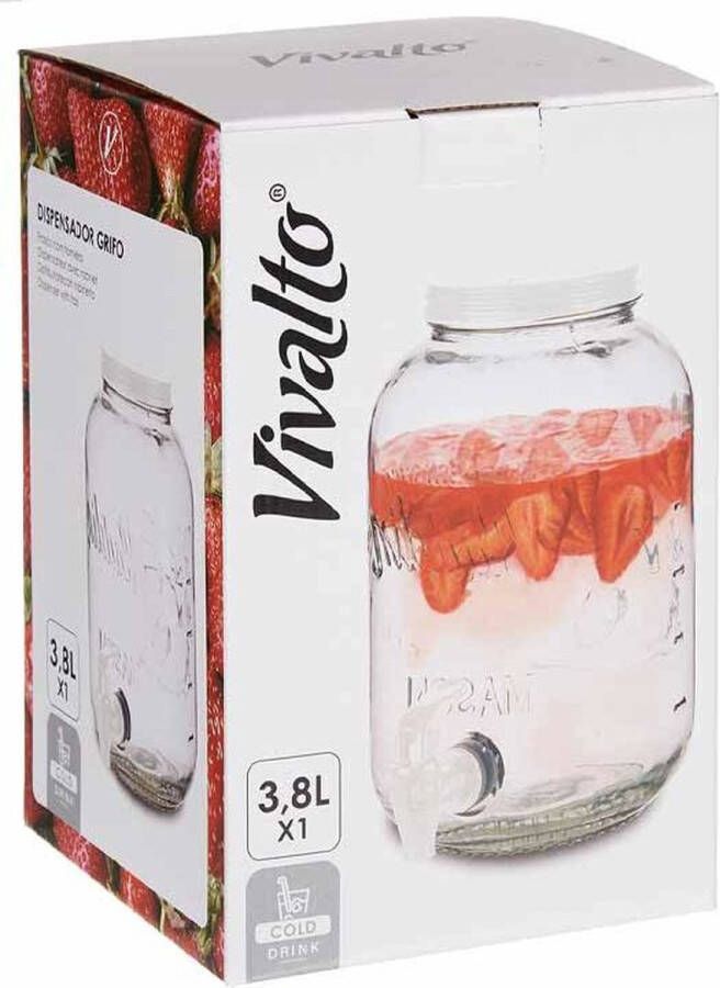 Vivalto Glazen drankdispenser limonadetap met witte kleur dop tap 3.8 liter Tapkraantje 16 x 25 cm