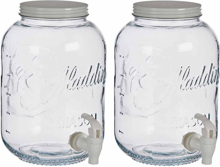 Vivalto Set van 2x stuks glazen drankdispenser limonadetap met witte kleur dop tap 3.8 liter Tapkraantje 16 x 25 cm