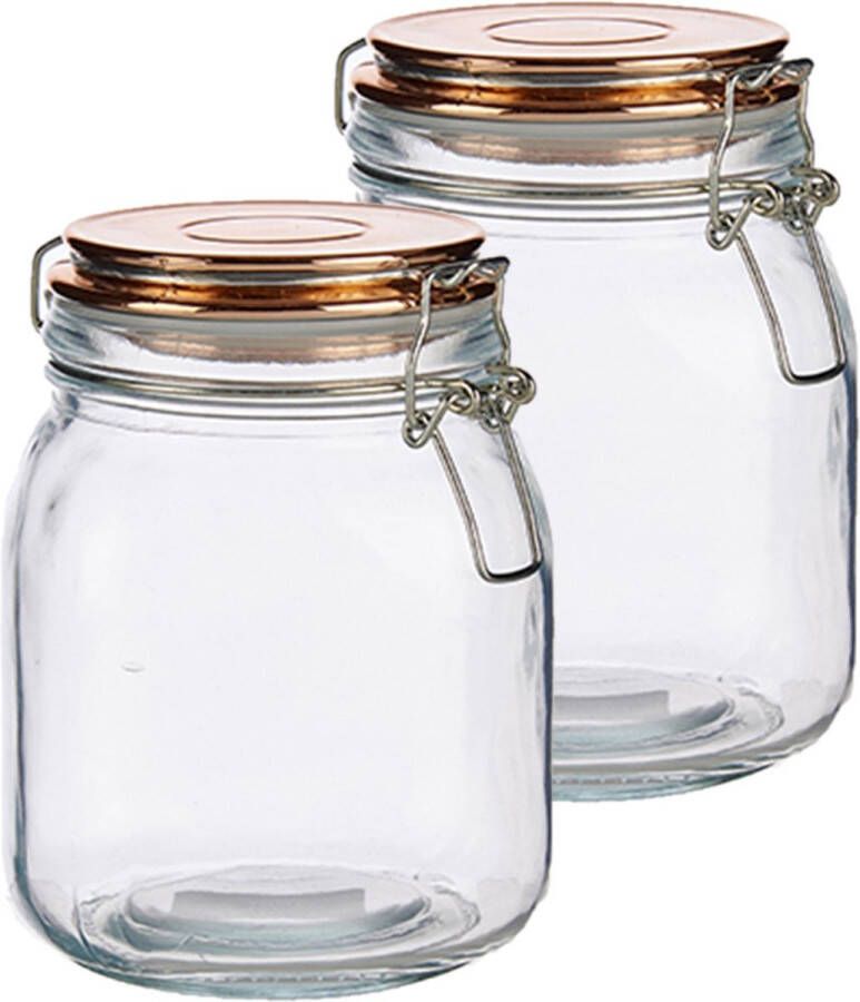 Vivalto Set van 2x stuks glazen luxe keuken voorraadpotten voorraadbussen 1000 ml- Voorraadbussen luchtdichte klepdeksel koper 11 x 15 cm