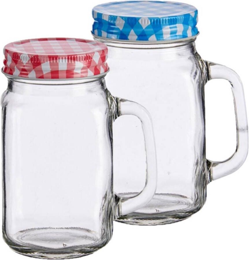 Vivalto Set van 4x stuks glazen Mason Jar drinkbekers drinkpotjes met gekleurde dop 430 ml anti-lek drinkglazen