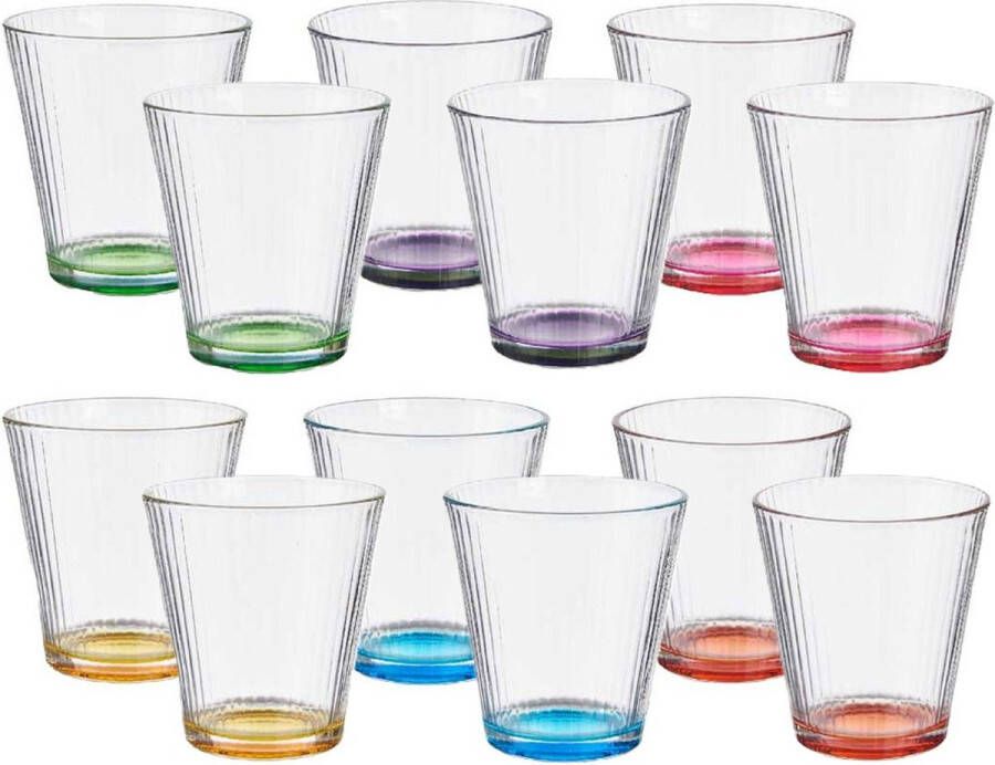 Vivalto Waterglazen drinkglazen Colorama 12x stuks transparant kleurenmix bodem 310 ml 9 x 9 cm