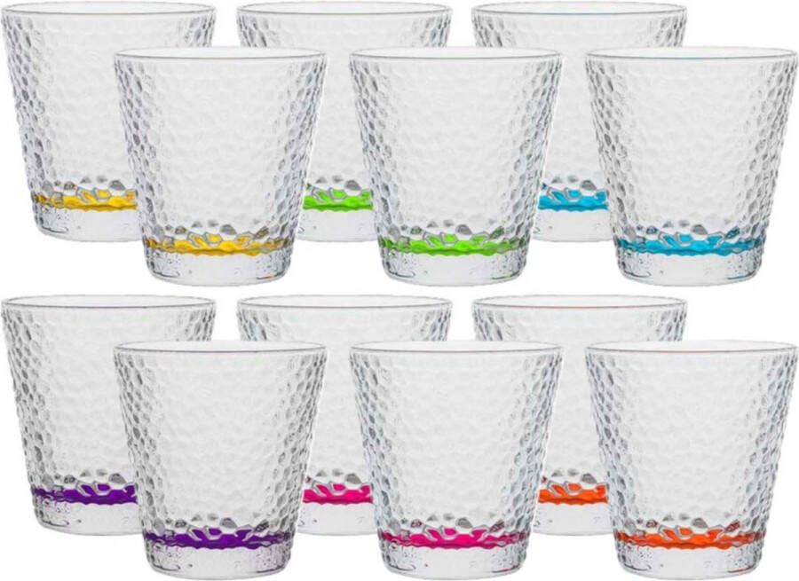 Vivalto Waterglazen drinkglazen Colorama 12x stuks transparant kleurenmix bodem 310 ml 9 x 9 cm