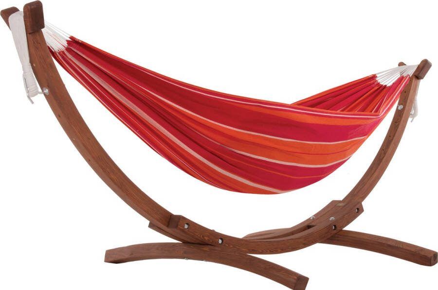 Vivere Double Katoenen Hangmat met Massief Houten Standaard Mimosa