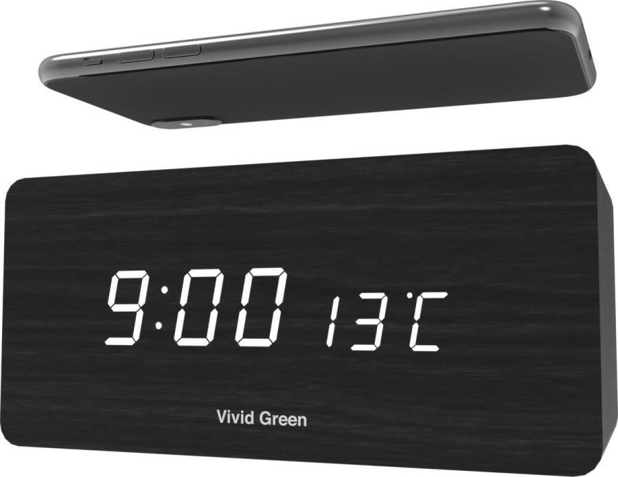 Vivid Green Houten Digitale Wekker met Draadloos Opladen Wekkers Digitaal Thermometer Functie Alarm QI Wireless Charger Incl. Adapter