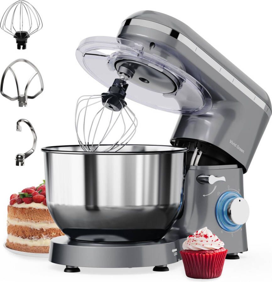 Vivid Green Keukenmachine 2000W Keukenrobot Foodprocessor Keukenmixer met RVS Mengkom Incl. 5 Accessoires 6.2L Grijs