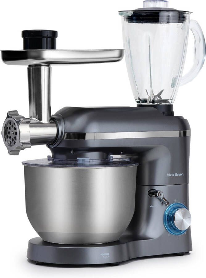 Vivid Green Keukenmachine multifunctioneel 2000W – Keukenrobot – Foodprocessor – Keukenmixer met RVS Mengkom – Incl. 15 Accessoires – Incl. Gehaktmolen en Blender 6.2L – Grijs –