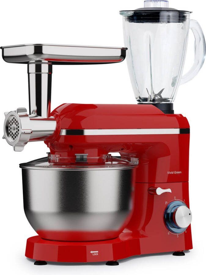 Vivid Green Keukenmachine multifunctioneel 2000W – Keukenrobot – Foodprocessor – Keukenmixer met RVS Mengkom – Incl. 15 Accessoires – Incl. Gehaktmolen en Blender 6.2L – Rood –
