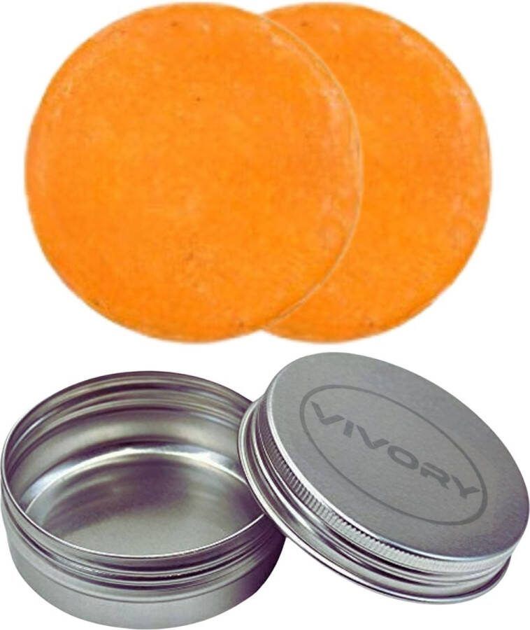 Vivory 2 stuks Natuurlijke Shampoo Loving Amber Citrus & Sinaasappel Handgemaakt Geen Sulfaten Geschikt voor alle Haartypes + Krullend haar Gratis opberg blik VOORDEEL AANBIEDING
