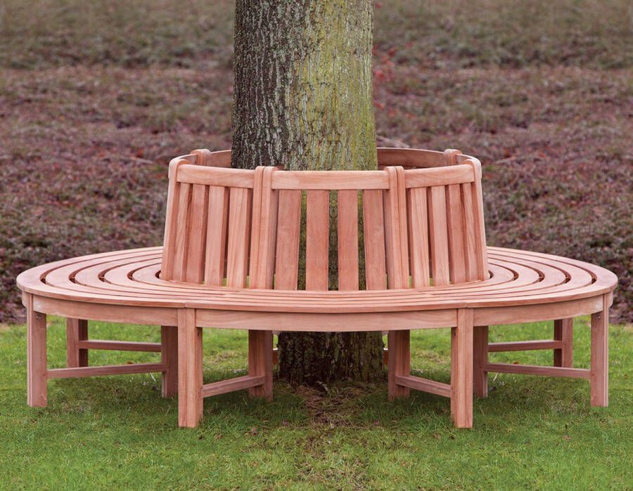VKT Tuinbank Teak Boombank Binnen- buitendiameter: 110 220 cm Hoogte 90 cm Zithoogte 46 cm. Inclusief kussens en bevestigingsmaterialen