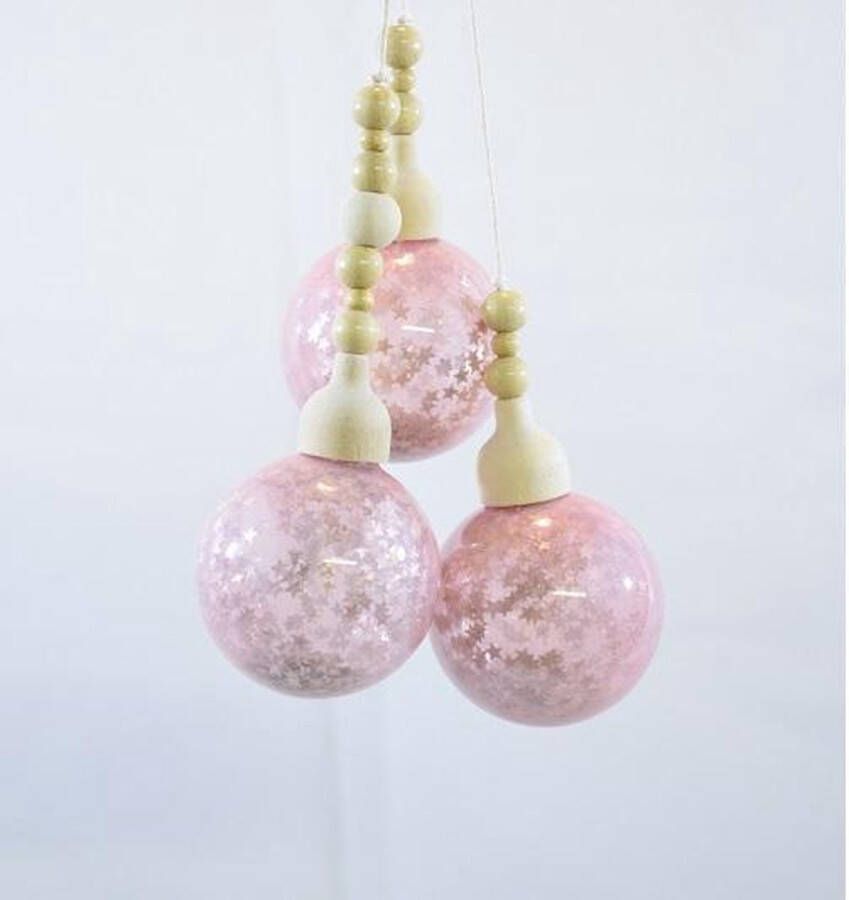 Vliegengordijnenexpert Kersthanger met 3 ballen roze L: 38 cm x Ø 6 cm. Kunststof en hout