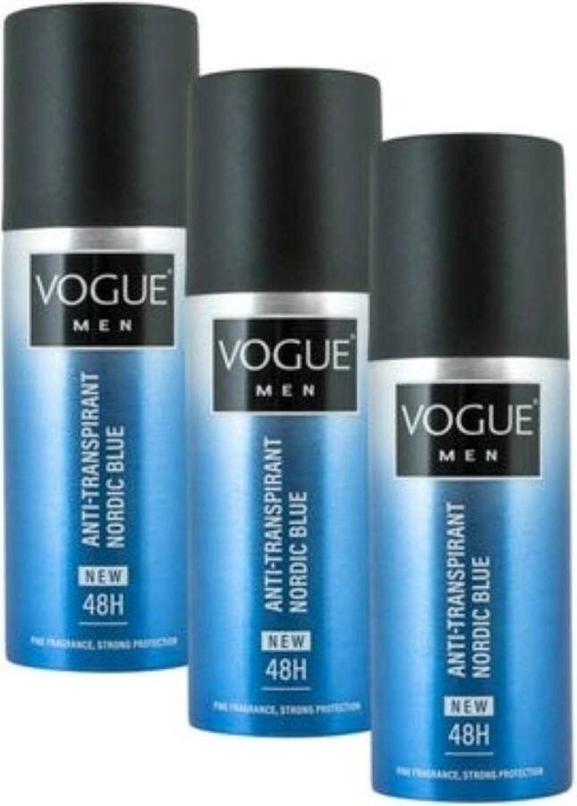 Vogue Men Nordic Blue 48H Deodorant 3 x 150 ml Voordeelverpakking