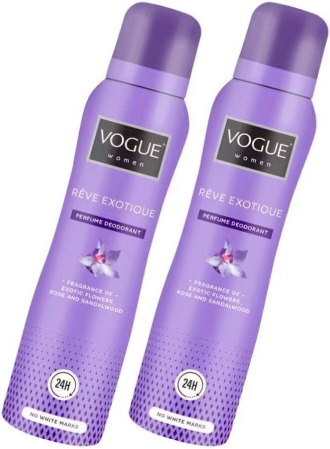 Vogue Reve Exotique Parfum Deodorant- 2 x150 ml Spray Geursensatie van Zoete Jasmijn Roos Sandelhout en Neroli