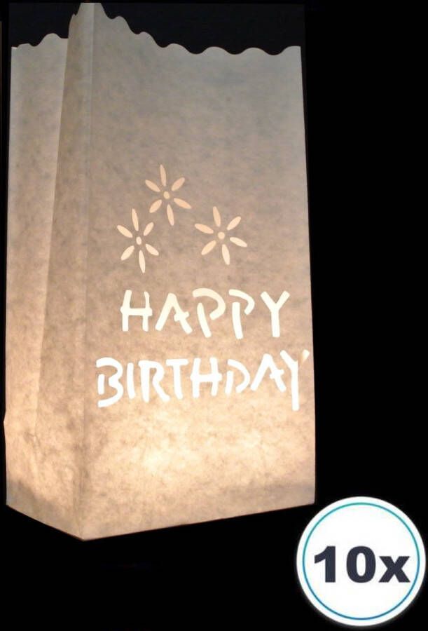 Volanterna 10 x Candle bag Happy Birthday windlicht papieren kaars houder lichtzak candlebag candlebags lampion sfeerlicht verjaardag bedrukt theelicht