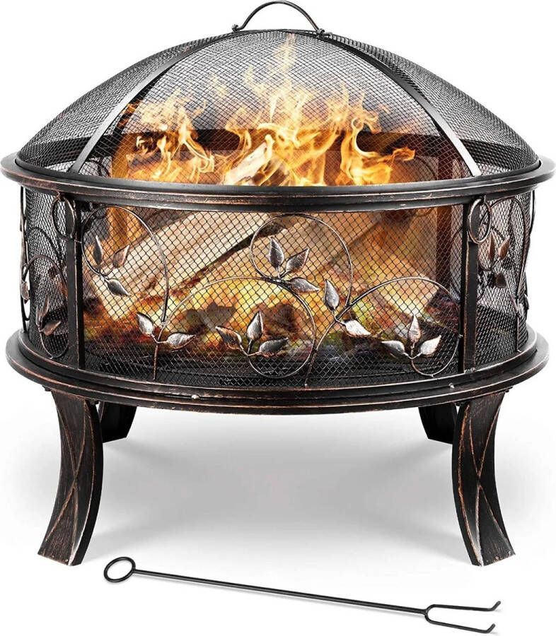 Volda Vuurkorf voor buiten Terrashaard 71x71x65cm 4 Poten Vonk Bescherming Rooster Hittebestendigheid tot 500 Graden Celcius Retro Koperkleurig Verwarming En Grillen