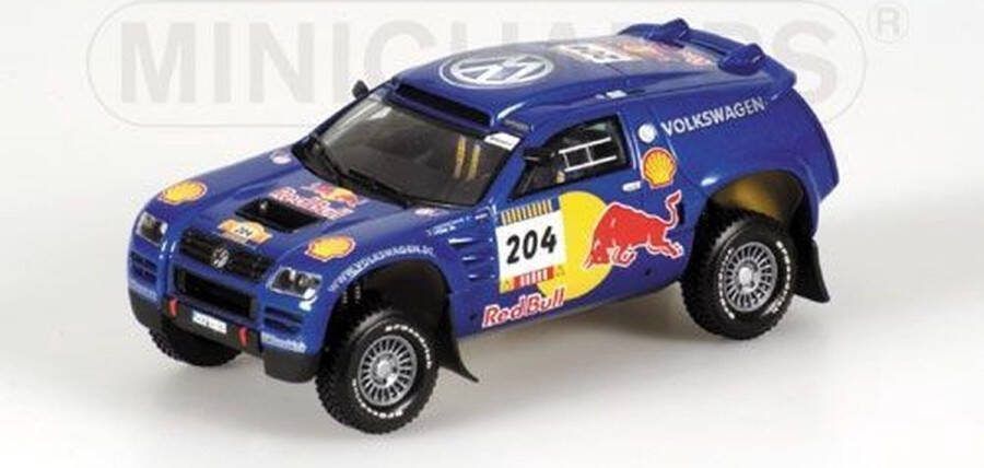 MINICHAMPS De 1:43 Diecast Modelcar van de Volkswagen Touareg #204 van Parijs Dakar 2004. De chauffeurs waren Kleinschmidt en Pons.De fabrikant van het schaalmodel is .Dit model is alleen online beschikbaar