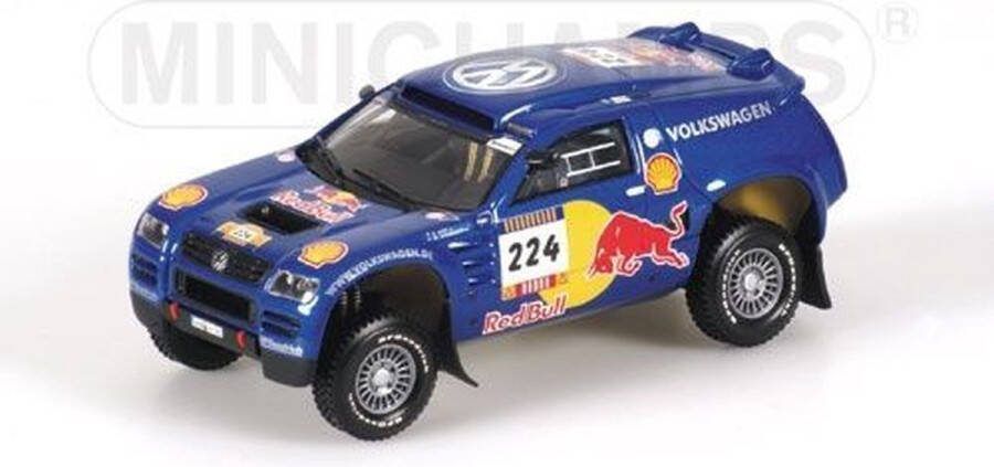 MINICHAMPS De 1:43 Diecast Modelcar van de Volkswagen Touareg #224 van parijs Dakar 2004. De chauffeurs waren Saby en Stevenson.Dit schaalmodel is beperkt door 1344 stuks. De fabrikant is .Dit model is alleen online beschikbaar