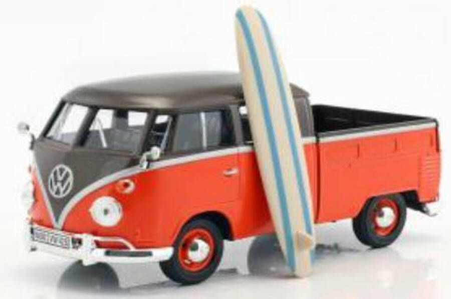 Volkswagen Type 2 T1 Pick-Up met surfboard Zwart Oranje 1:24 MotorMax