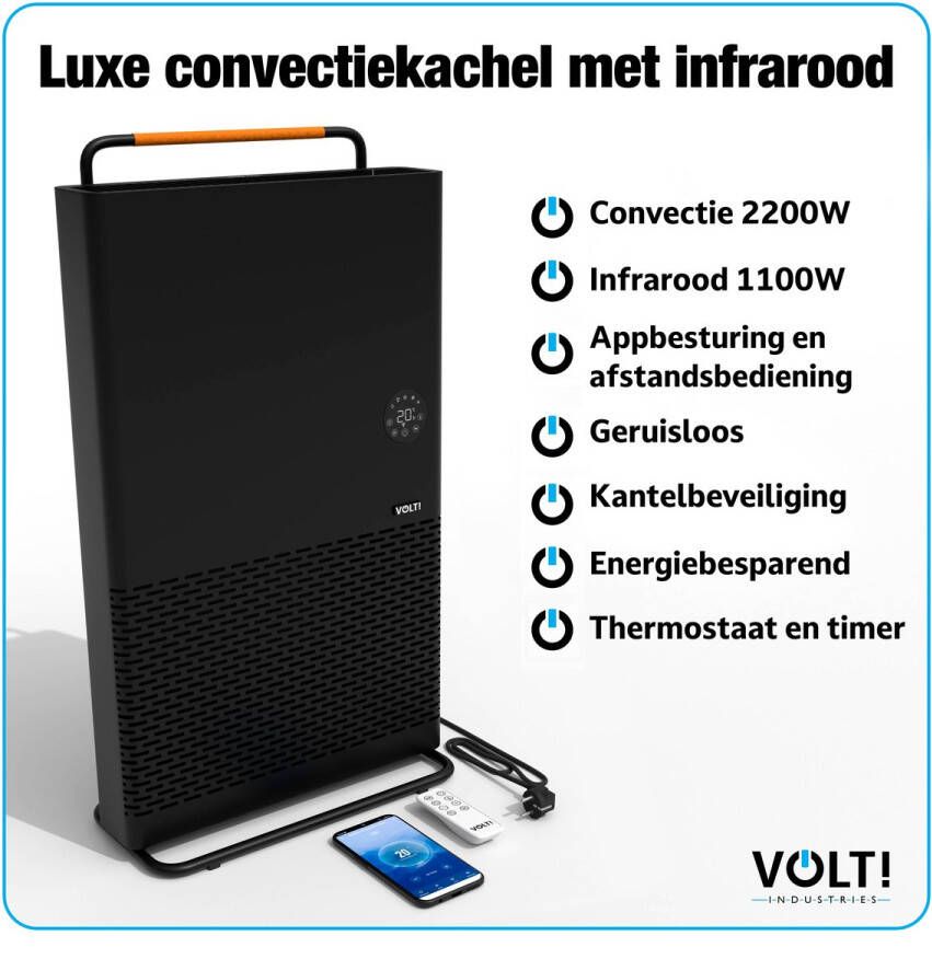 VOLT! VOLT Elektrische kachel Elektrische verwarming 2200W Elektrische radiator Ventilatorkachel Elektrische verwarming en infraroodverwarming Bijverwarming met appbesturing en afstandsbediening Energiezuinig en stil