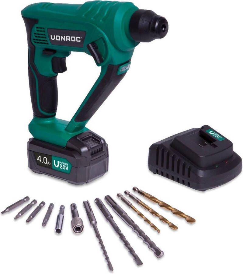 VONROC TOOLS VONROC Accu boorhamer – VPower 20V – 1x 4.0Ah accu & lader – 1.3 Joule – SDS-plus – Incl. accessoires