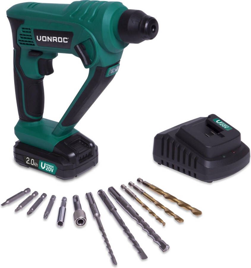 VONROC TOOLS VONROC Accu boorhamer – VPower 20V – Incl. 2.0Ah accu – 1.3 Joule – SDS-plus – Incl. accessoires