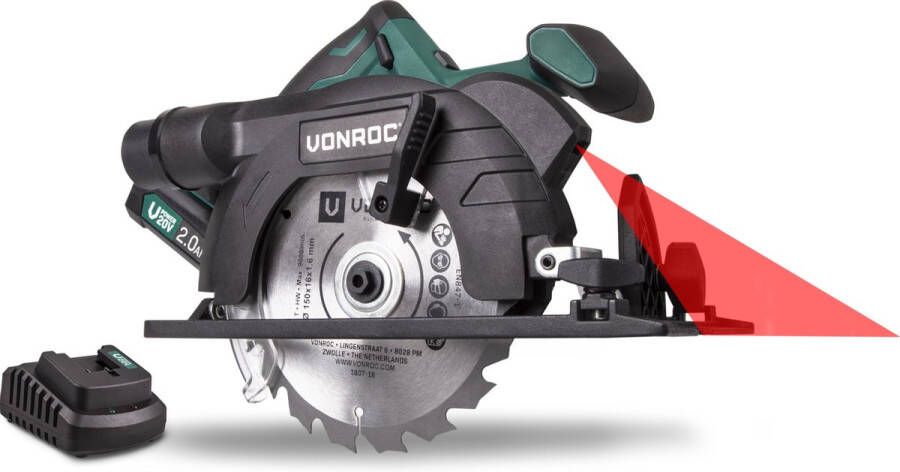 VONROC Accu Cirkelzaag – VPower 20V – Incl. 1x 2.0Ah accu lader parallelgeleider & Ø150MM zaagblad