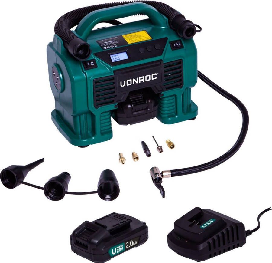 VONROC TOOLS VONROC Accu compressor VPower 20V – 20V accu & 12V aansluiting – Incl. accessoires 2x 2.0Ah accu