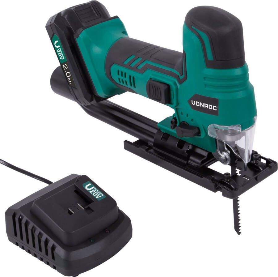 VONROC TOOLS VONROC Accu decoupeerzaag VPower 20V – Ergonomische T-handgreep – Instelbare snelheid & zaaghoek – Incl. 2.0Ah accu en snellader