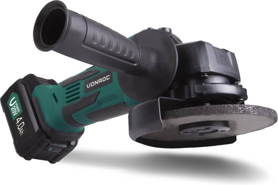 VONROC TOOLS VONROC Accu Haakse Slijper – VPower 20V – Ø115MM – Incl. 1x 4 0Ah accu oplader zijhandgreep & tas