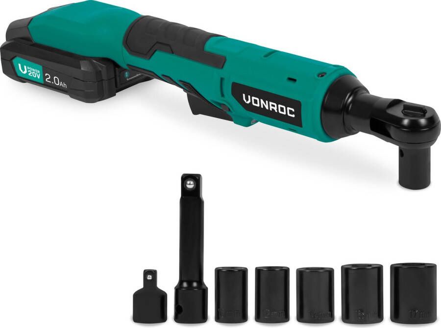 VONROC TOOLS VONROC Accu ratelsleutel – 20V – 50Nm – 3 8” – incl. 8-delige doppenset – Incl. 2.0Ah Accu en snellader – ook voor handmatig gebruik – ideaal voor moeilijk te bereiken bouten en moeren