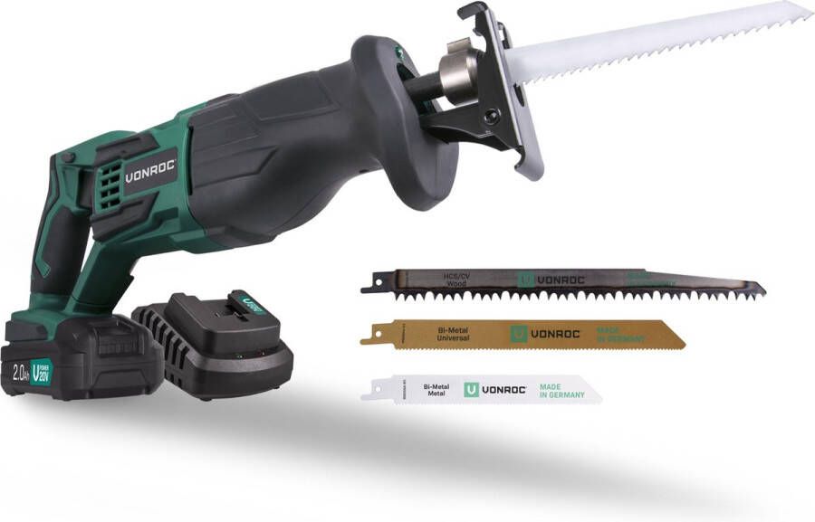 VONROC TOOLS VONROC Accu Reciprozaag – VPower 20V – Incl. 2.0Ah accu oplader & 3 zaagbladen (made in Germany)