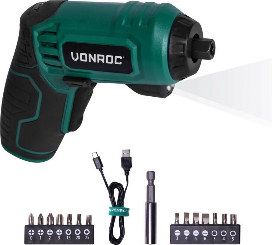 VONROC TOOLS VONROC Accu Schroefmachine – 4V – Incl. 14-delige bitset USB-C oplaadkabel en opbergtas