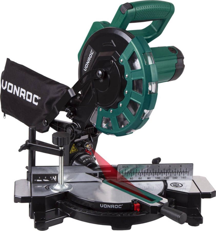 VONROC TOOLS VONROC Afkortzaag Verstekzaag – 1700W – Ø216MM – 4900 min Met laser tafelverbreders & diepteregeling – Incl. zaagblad en werkstukklem