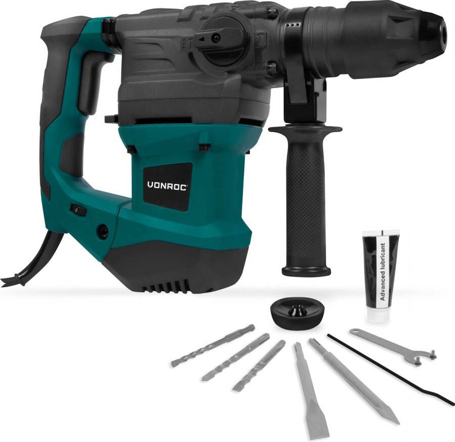 VONROC TOOLS VONROC Boorhamer 1500W – 6 Joule – Instelbare snelheid SDS plus – 4 Functies – Incl. boren & beitels