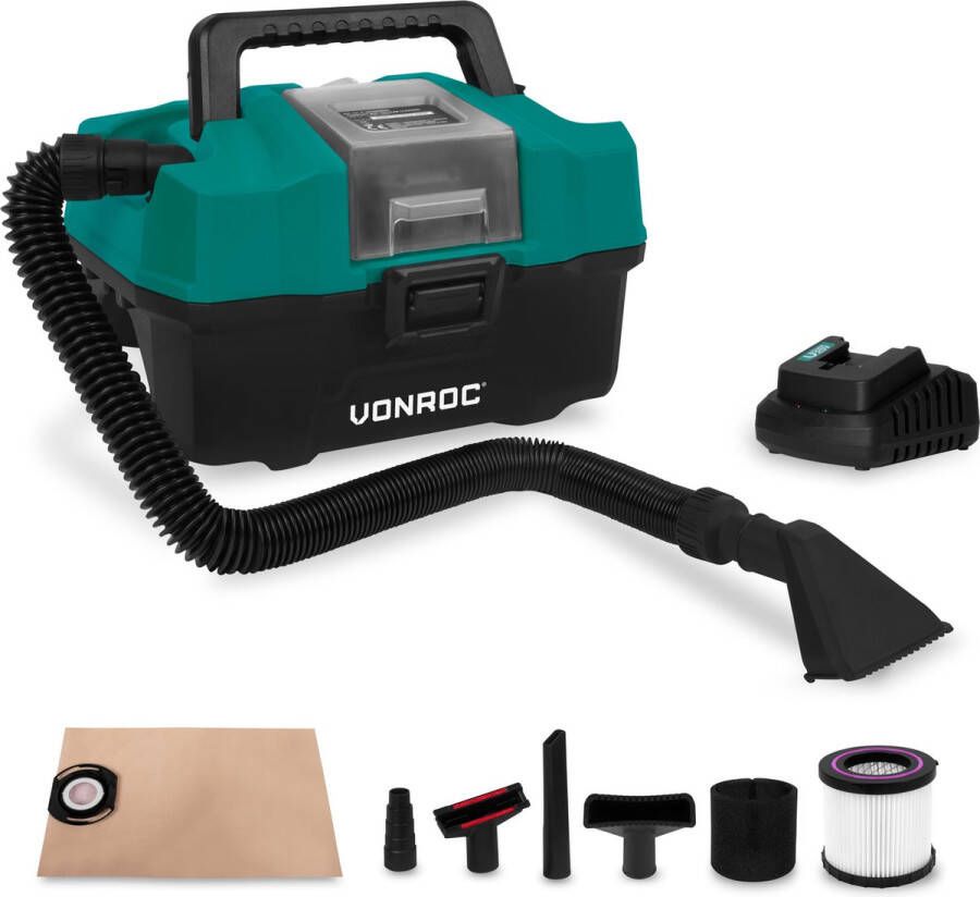 VONROC TOOLS VONROC Compacte alleszuiger stofzuiger 20V Incl. accessoires 2.0Ah accu en snellader